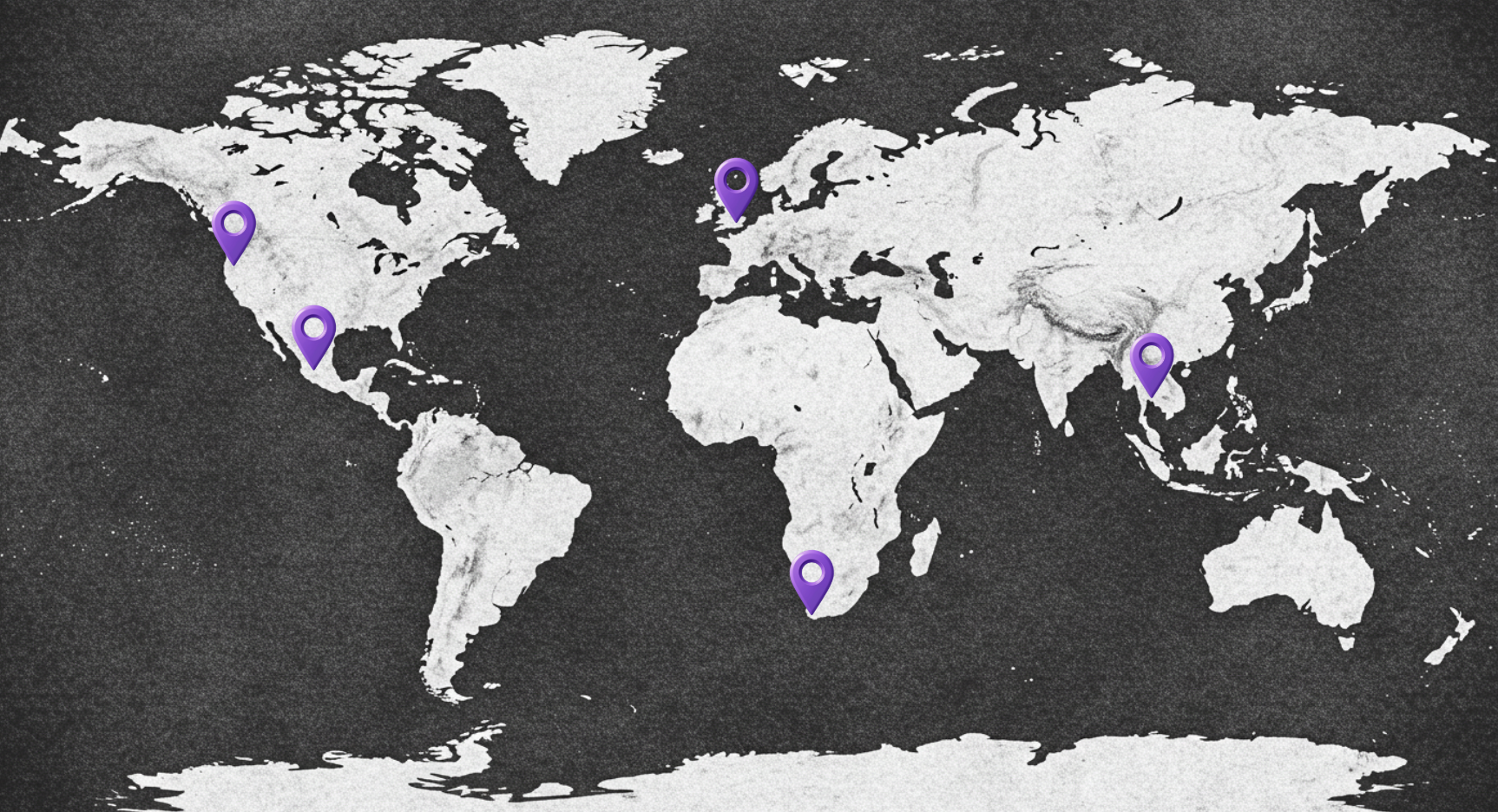 World map with purple location markers showing MOHARA's global office locations in London, Portland, Bangkok, Cape Town, and Guadalajara.