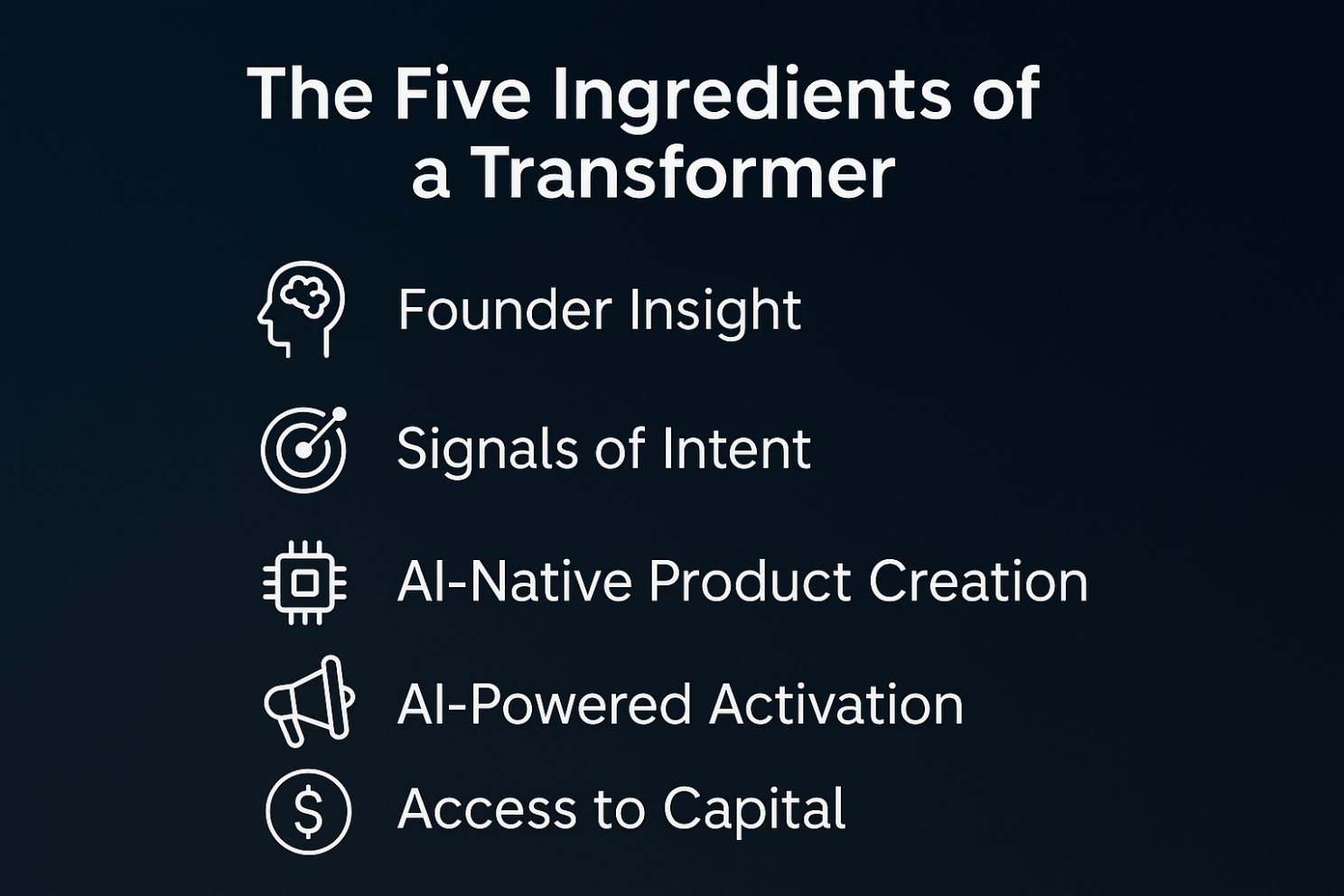 The Five Ingredients of a Transformer: Founder Insight, Signals of Intent, AI-Native Product Creation, AI-Powered Activation, and Access to Capital